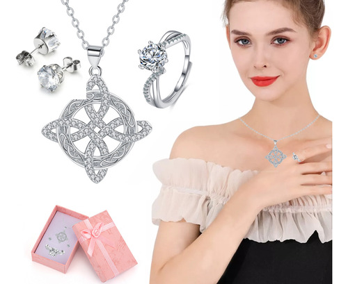 Juego De Collar De Anillo Y Aretes Mujer Plata 925 Con Caja