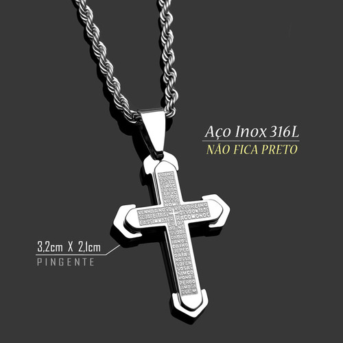 Conjunto Colar Pulseira Masculina Aço Inox Prata J-1294 Cruz