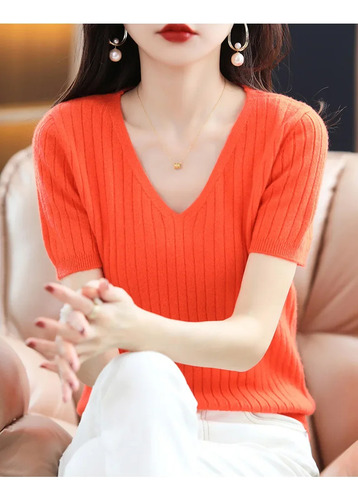 Top De Punto De Manga Corta Con Cuello En V Para Mujer