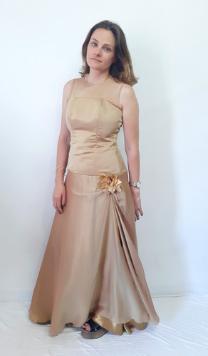 Vestido Fiesta Raso Tornasol Y Gasa Dorado Pechera Corset (Usado)