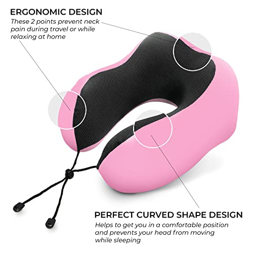 Pink 100% Memory Foam Travel Pillow, Airplane Pillow Wi...