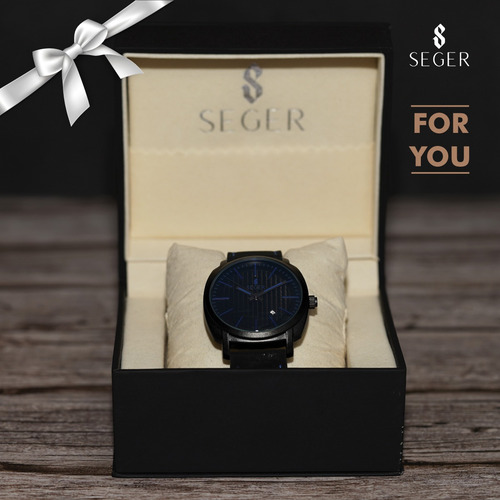 Reloj Minimalista Elegante Seger 9169 Analogico Fecha Cuero Color De La Malla Negro/azul