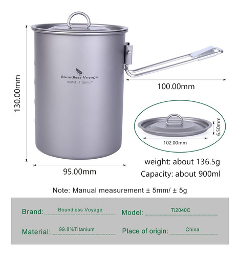 Olla De Titanio Ultraligera Portátil De 900ml Con Tapa F...