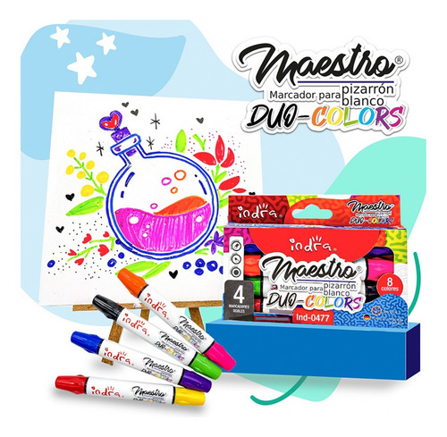 Marcadores Para Pizarron Indra Punta Doble 8 Colores 4 Pzs