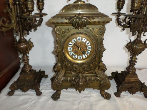 Antiguo Reloj Garniture Bronce Labrado Candelabros No Envío