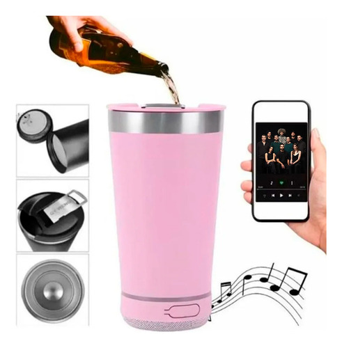 Vaso Térmico 473ml Con Parlante Destapador Luces Bluetooth Rosa Lisa