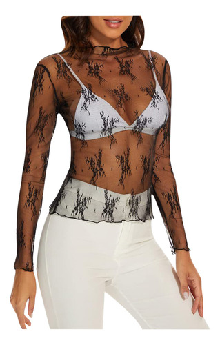 Blusa Casual Holgada De Encaje Con Cuello Redondo Y Manga La