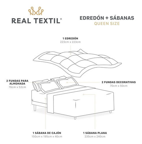Set Edredón Queen Size + Fundas + Sábanas 7 Pzas Real Textil Gris-blanco