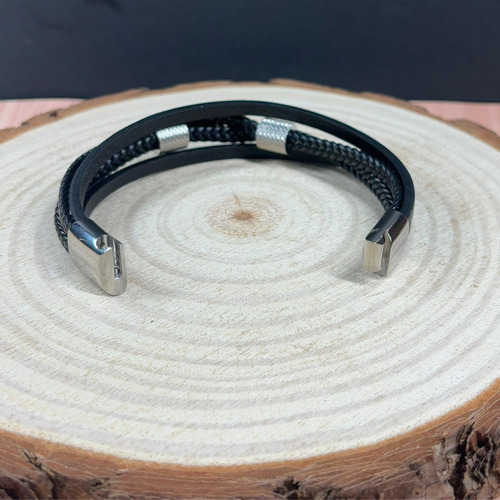 Pulsera De Cuero Genuino + Acero Inoxidable Elegante Hombre