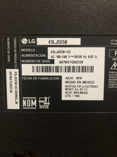 Pantalla LG 43lj5550 Para Refacciones (Usado)