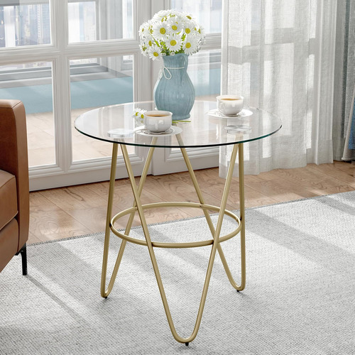 Mesa Auxiliar De Cristal Dorado Redonda Con Almacenamiento