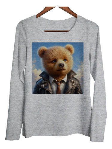 Remera Mujer Ml Oso Con Campera Cuero Simpatico Tierno M1