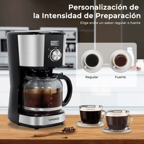 Sangkee Cafetera De Goteo 12 Tazas Programable 24h, Fácil De Usar Con Control De Perilla, Café Intenso Opción, Mantiene Caliente 2 Horas, Compacta Cafetera Filtro Permanente Y Jarra De Vidrio 1.8l