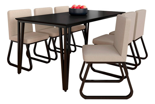 Mesa Com 6 Cadeiras Industrial 1,8 Aspen Pr/pr/bege - M.a Cor Preto Fosco/preto/linho Bege