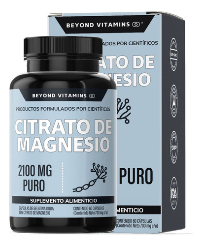 Citrato De Magnesio 2100mg  - 100% Puro Beyond Vitamins | Sin Sabor | Suplemento Alimenticio Magnesium Citrate | 60 Cáps