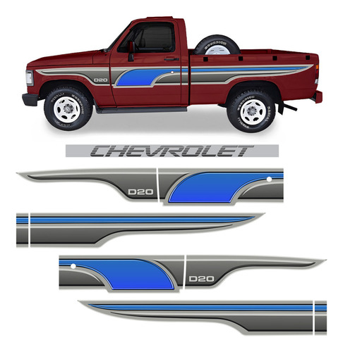 Kit Faixas D20 Chevrolet Cabine Simples 1996 Azul Completo