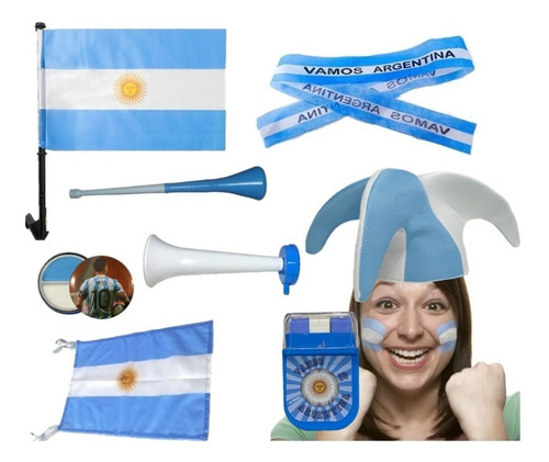 Combo Mundial Bandera Gorro Corneta Vuvuzela Vamos Argentina