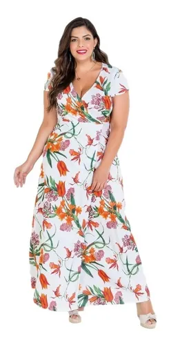 Vestido Longo Branco Floral Plus Size Helanca Transpassado