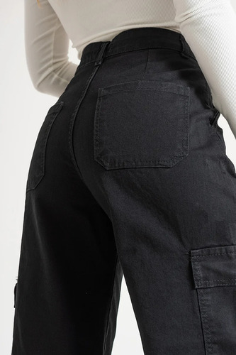 Pantalon Cargo Mujer Tiro Alto Jean Negro Solmaint Her