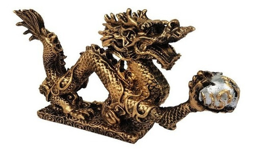 Dragao Chines Com Base Pequeno Em Resina Sabedoria Cor Dourado