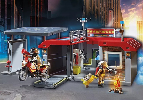 Playmobil Estación De Bomberos Moto 2 Figuras +60pcs 71193 Estación Bomberos