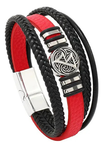 Pulsera De Cuero Vikinga Roja Y Negra