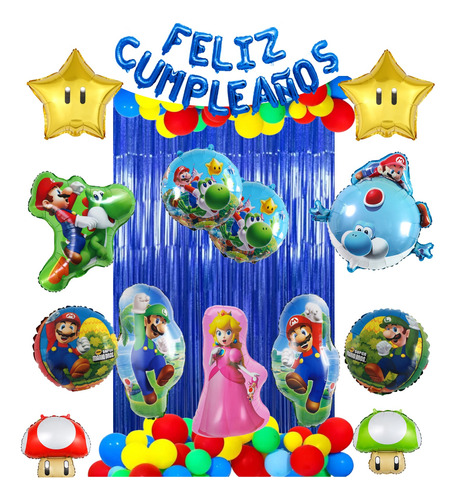 Set Decoracion Cumpleaños Globos Mario Bros Peach Yoshi 