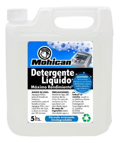 Detergente Liquido Concentrado Ropa Premium Mohican 5 Lts