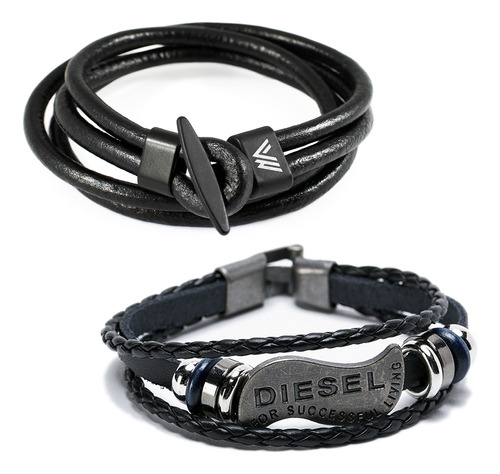 Pack 2 Pulseras De Cuero Hombre Azul Y Brazalete Negro