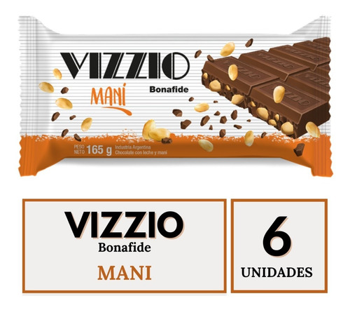 Tableta Vizzio Chocolate Con Leche Y Mani 165g X 6. Bonafide