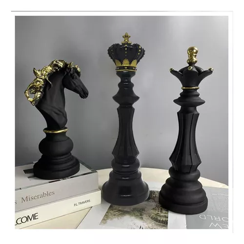 Decoração Peças De Xadrez Preto Rei Rainha E Cavalo Escultur