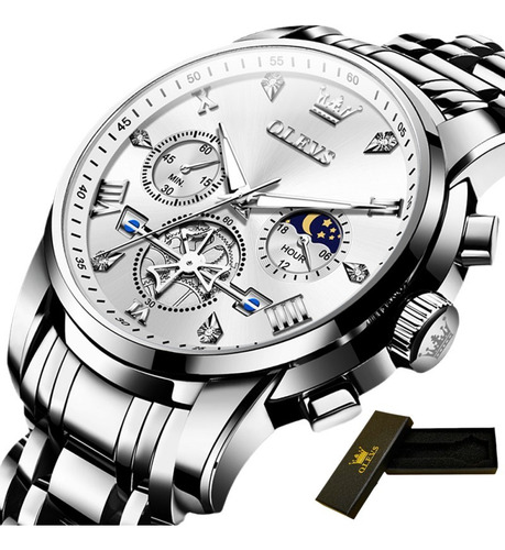 Reloj de cuarzo impermeable con cronógrafo luminoso con fondo plateado Olevs
