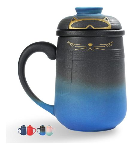 Taza T Gato Cermica, 460 Ml, Azul/negro, Set De Taza Japones