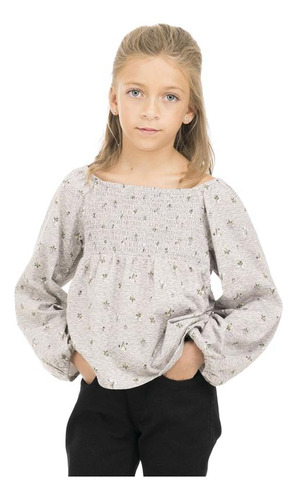 Polera Manga Larga Smocked Floral-print Gris