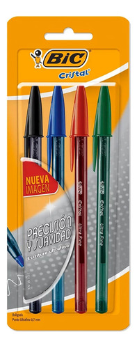 Bolígrafo Bic Cristal Ultrafino Colores Clásicos 0.7 Mm 4 Pz Tinta Básico Exterior Básico