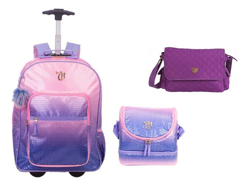 Kit Escolar Capricho Lantejoula Mochila De Rodas + Lancheira