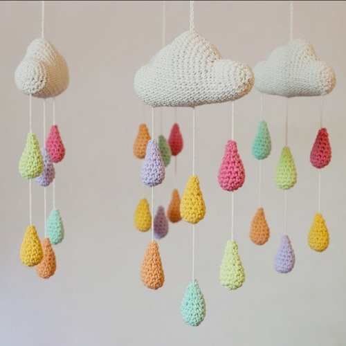 Movil Cuna Tejido Crochet Nube Con Gotitas Y Sol