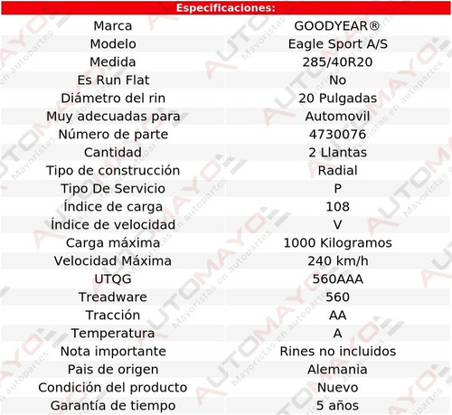 Set 2 Llantas Eagle Sport A/s Goodyear 285/40r20 108v