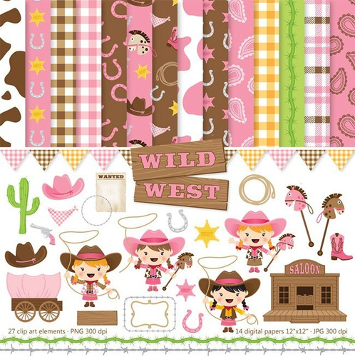 Kit Imprimible Vaqueras Niñas Rosado Marron Cliparts Fondos
