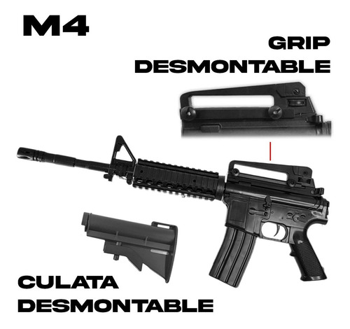 Imagen 6 de 10 de Rifle Airsoft M4 Replica Resorte 6 Mm Laser Linterna Balines