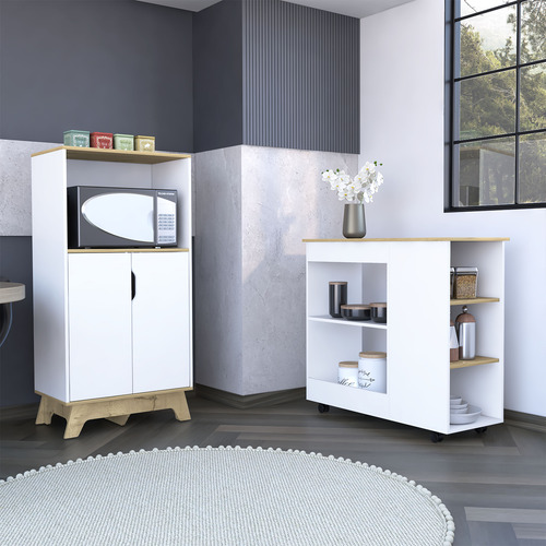 Mueble Microondas Bajo + Meson Cocina Ruedas - Blanco/duna