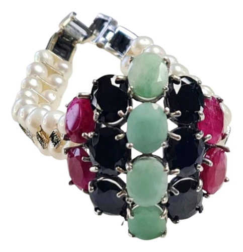 Pfh2-pulseira Prata 925 Rubi Esmeralda Ônix Pérola Natural