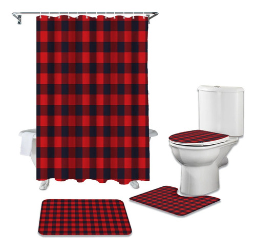 4pc Cortina De Ducha Impermeable A Cuadros Rojos Y Negros.