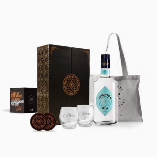 Box Gin Brighton 700ml Estuche 2 Vasos Grabados Regalo Kit