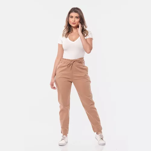 Calça Feminina Sarja Slouchy Caqui Verão Disfarça Barriga