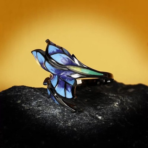 Anillo Mujer Plata Flores Loto Azul Esmaltadas Talla 8