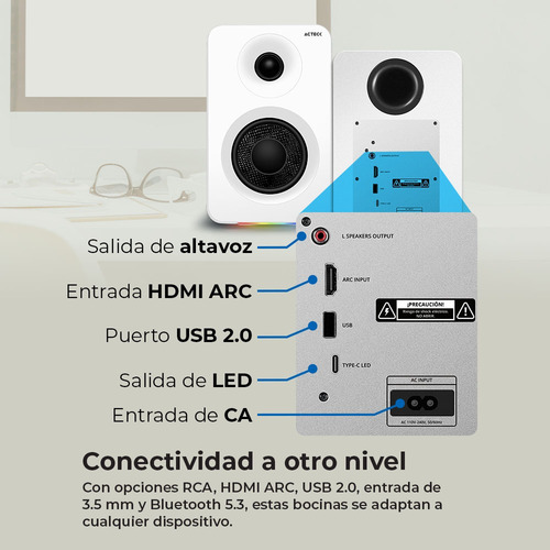 Bocinas Acteck Dynamic Exact R BS700 Inalámbrico Sonido 2.0 Bluetooth 5.3 50W RMS Iluminación RGB Blanco AC-940825