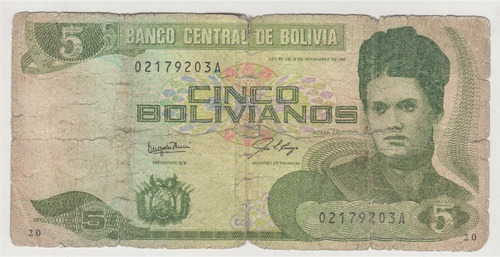 Billete Bolivia 5 Bolivianos 1986 A Nogares Cariaga (c85)