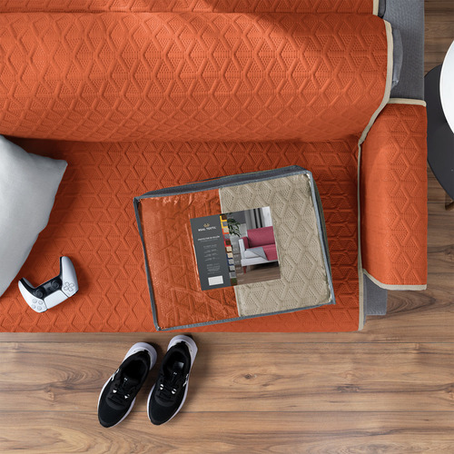 Cubresofá Real Textil Naranja - Khaki, Protector 3 Pzas ( Ch, M, G) Reversible, Doble Vista, Ajustable - Elige Tu Combinación Favorita