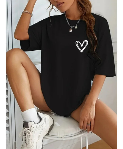 Camiseta De Mujer De Algodón Con Estampado De Corazones